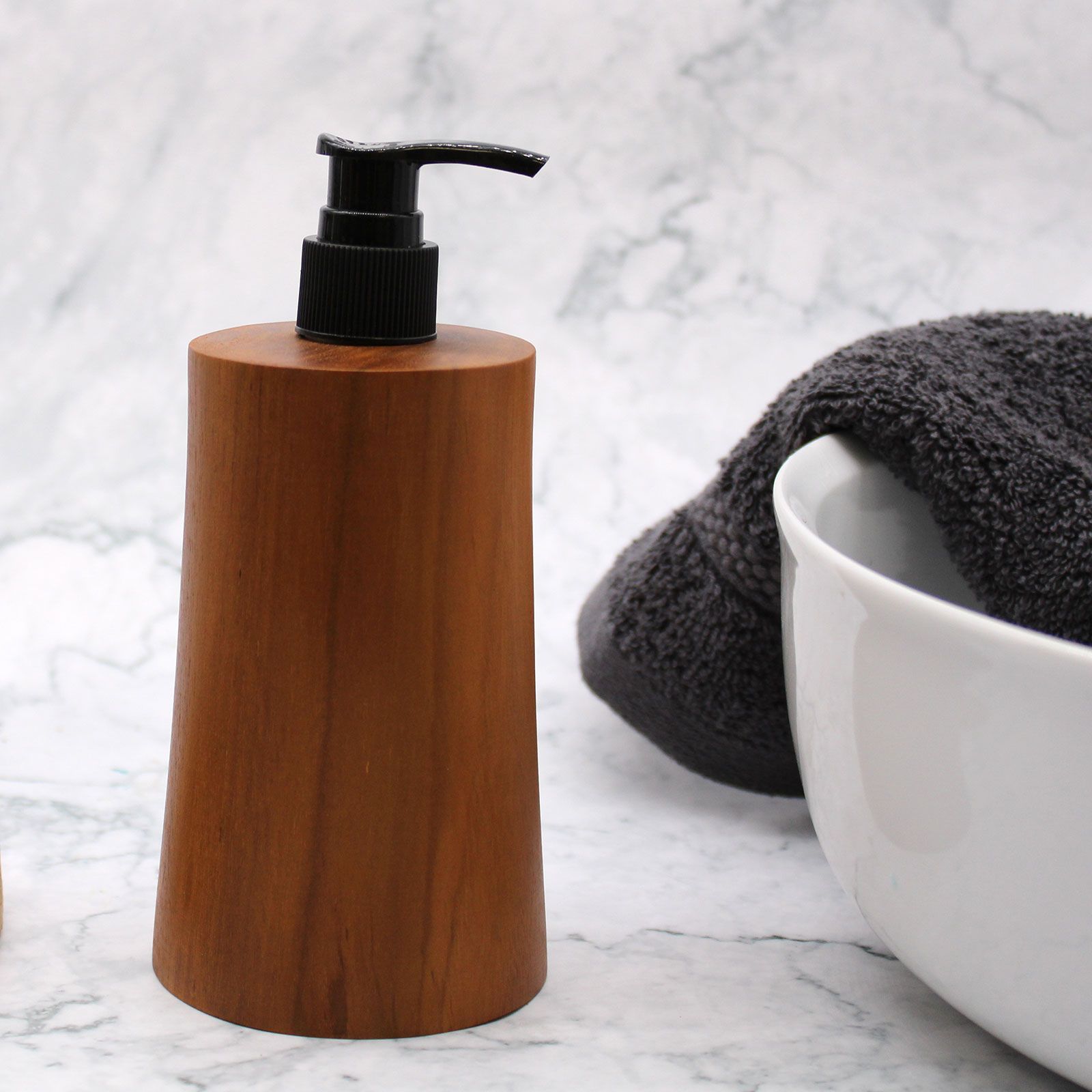 Natural Teak Wood Refillable Soap Dispenser – Taper – detail view 5 of teak soap dispenser