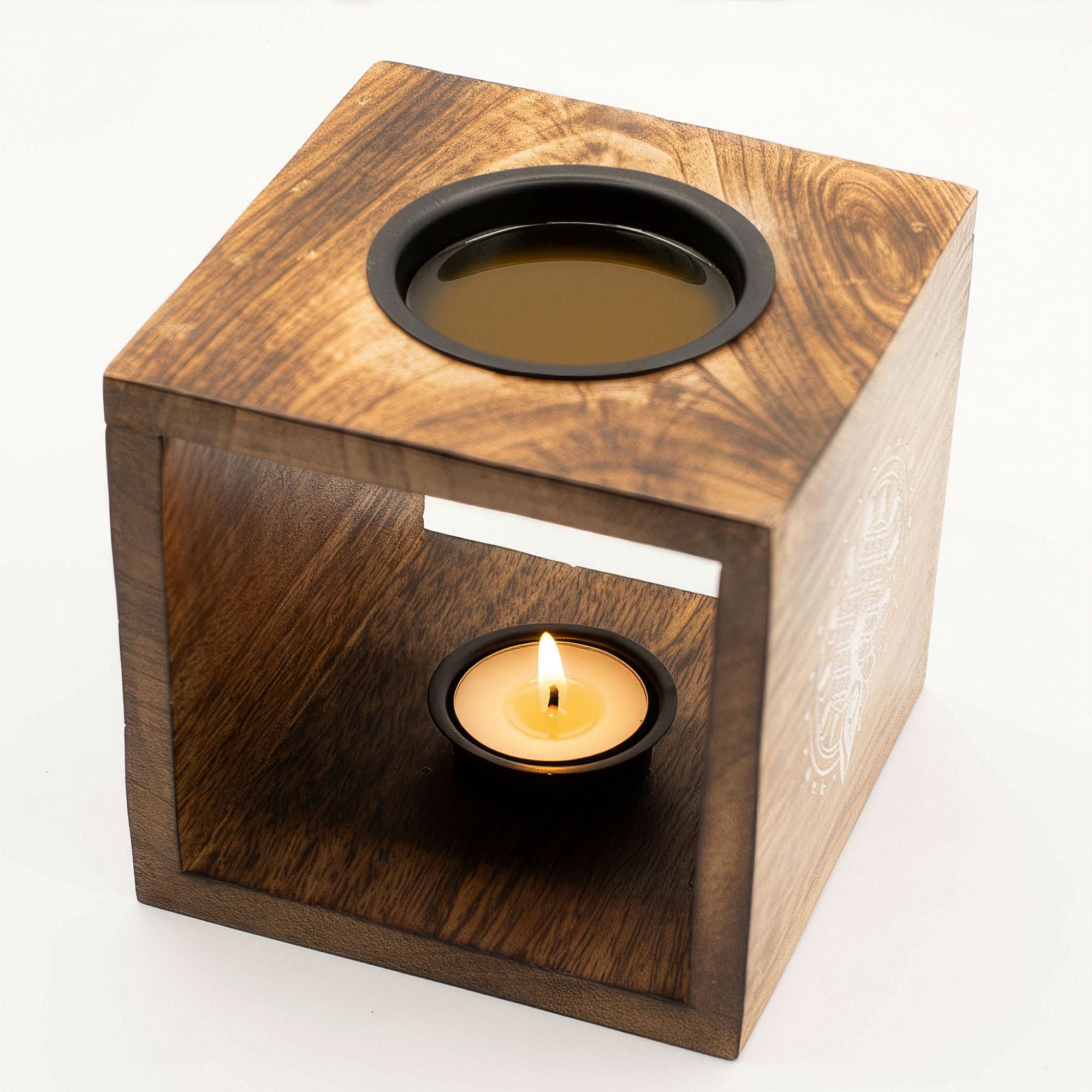 Large Square Mango Wood Oil Burner with Engraved Moon Goddess – detail view 3