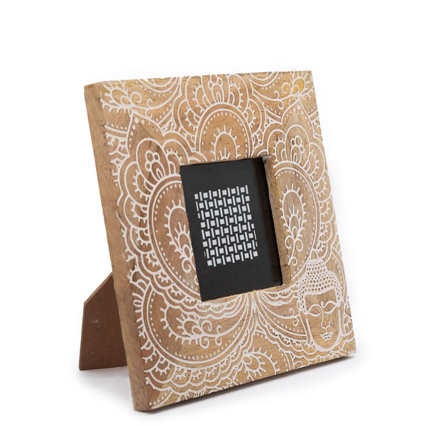 Small Mango Wood Picture Frame (for 10x10cm) 20x20x2cm – Buddha – White – front product view of mango wood picture frame