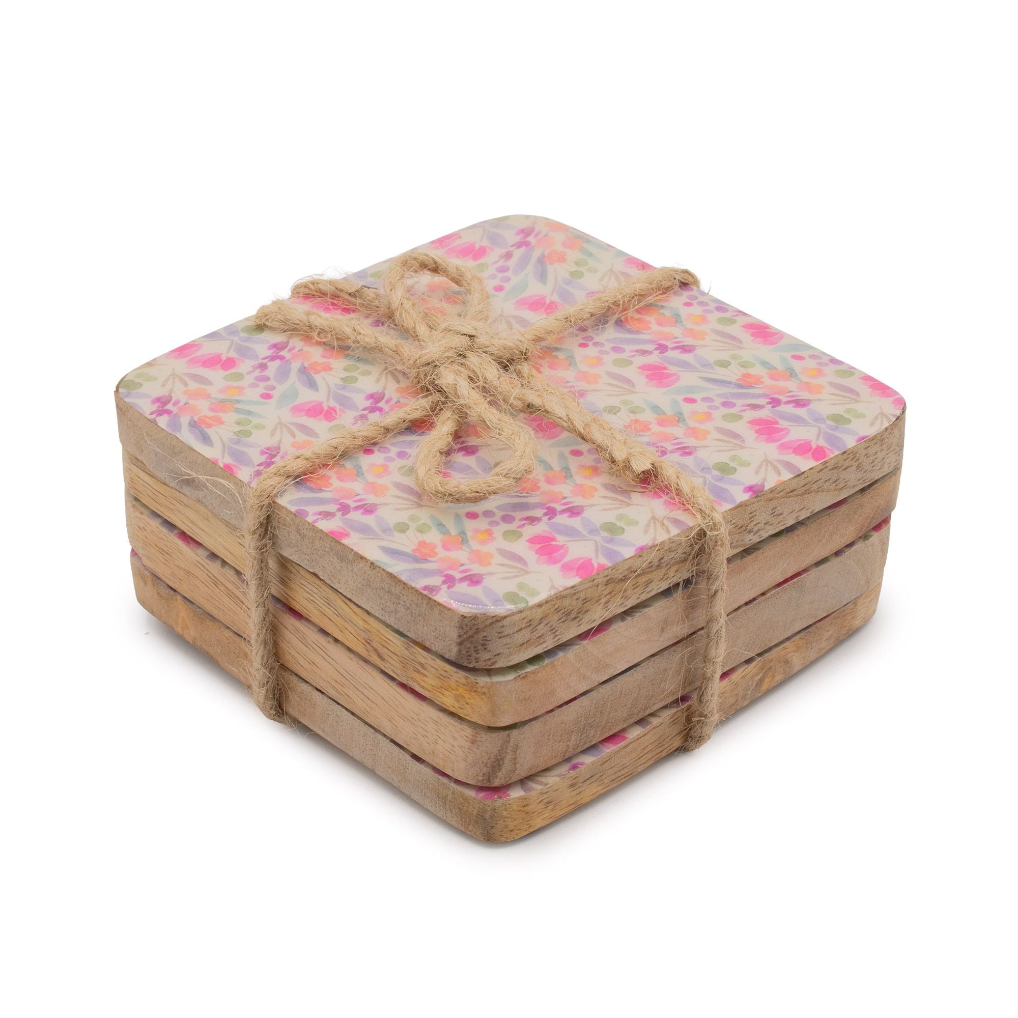 Set of 4 Square Coasters – Pretty Floral – front product view of mango wood tableware