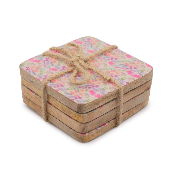 Set of 4 Square Coasters – Pretty Floral – front product view of mango wood tableware