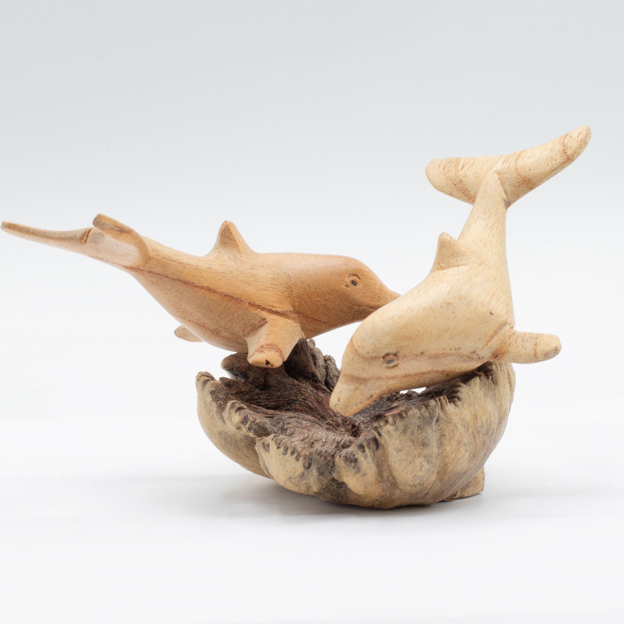 Hand-Carved Parasite Wood Playing Dolphins Sculpture – detail view 4
