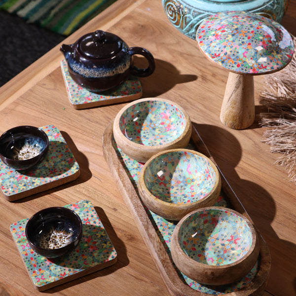 Handcrafted Mango Wood Tray with 3 Bowls – Floral Patterned Serving & Dip – product view