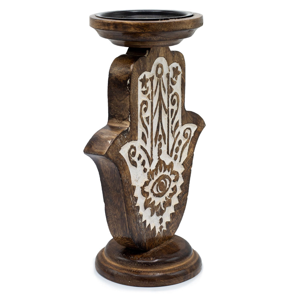 Mango Wood Candle Stand – Hamsa – Large – detail view 5 of mango wood candle holder