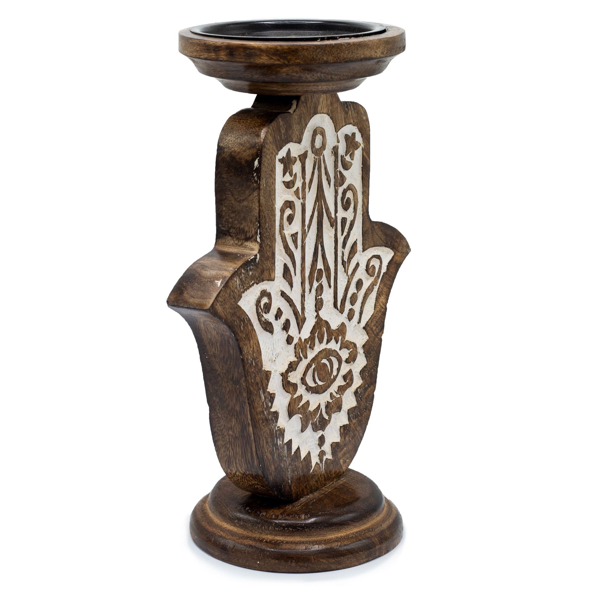 Mango Wood Candle Stand – Hamsa – Large – detail view 5 of mango wood candle holder