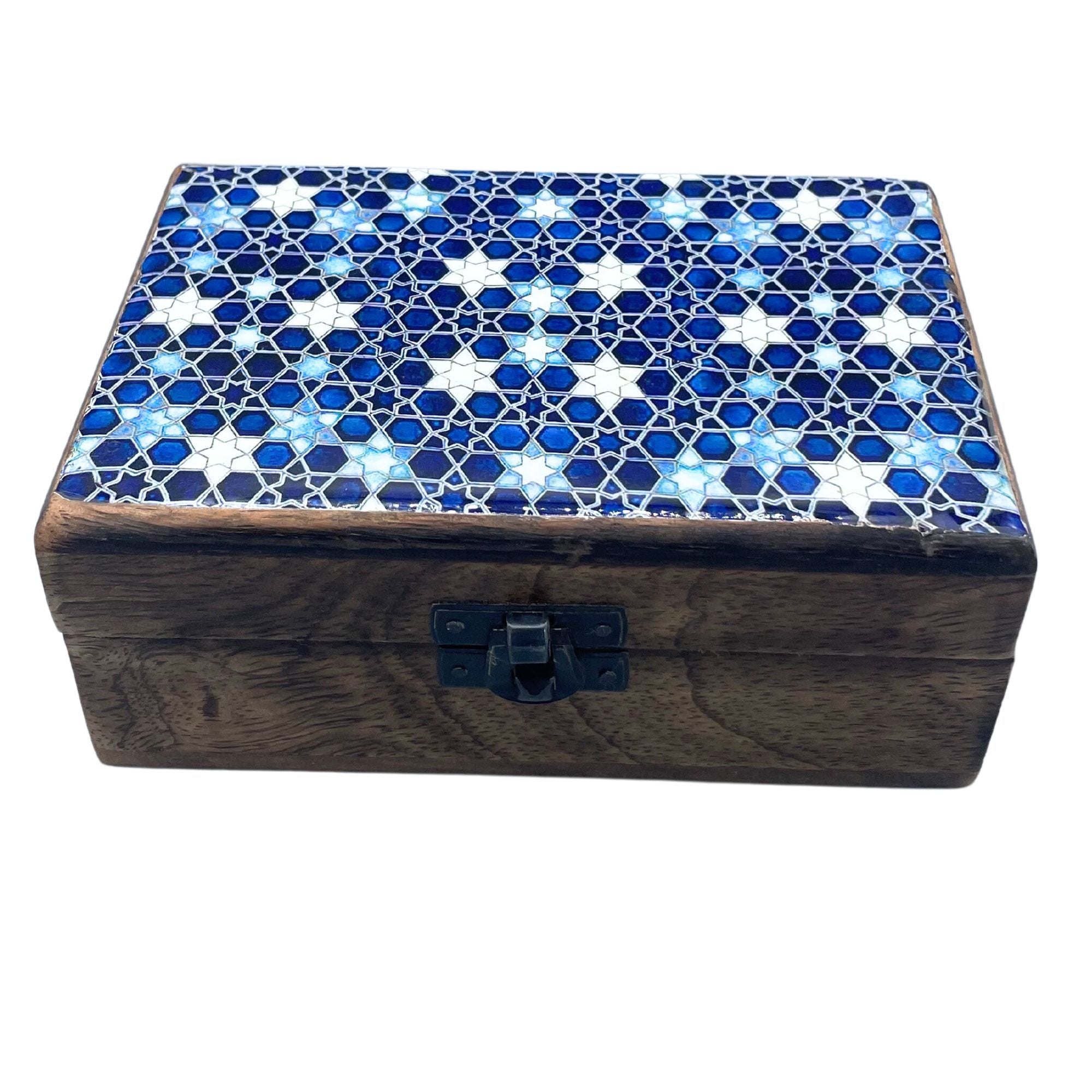 Medium Ceramic-Glazed Wooden Keepsake Box – 15x10x6cm – Blue Stars – detail view 2 of ceramic glazed wooden box