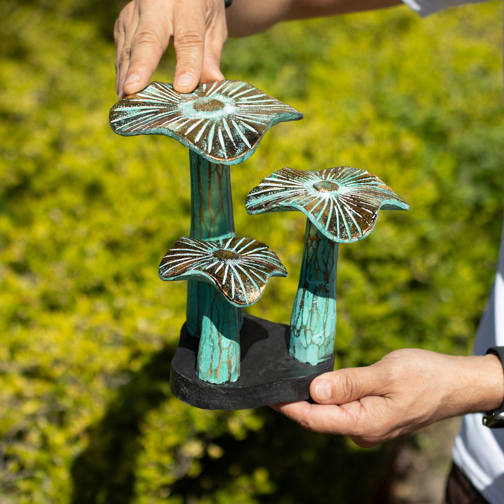 Small Golden Wooden Mushroom Sculpture – 20cm – Greenwashed – detail view 2 of wooden mushroom ornament