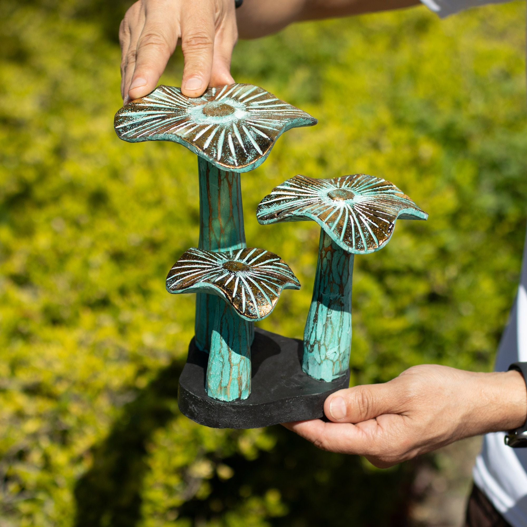 Small Golden Wooden Mushroom Sculpture – 20cm – Greenwashed – detail view 2 of wooden mushroom ornament