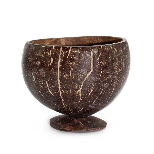 Small Polished Coconut Craft Bowl with Wooden Stand – front product view of coconut craft bowl
