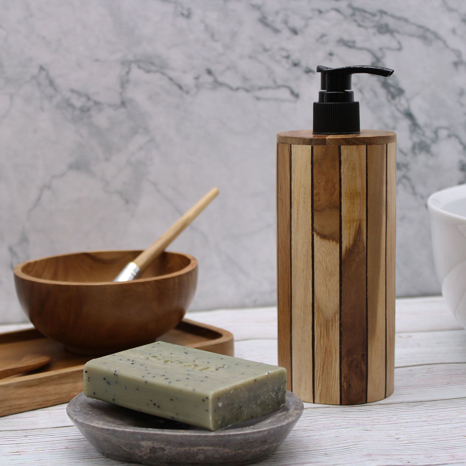 Natural Teak Wood Refillable Soap Dispenser – Round – detail view 10 of teak soap dispenser