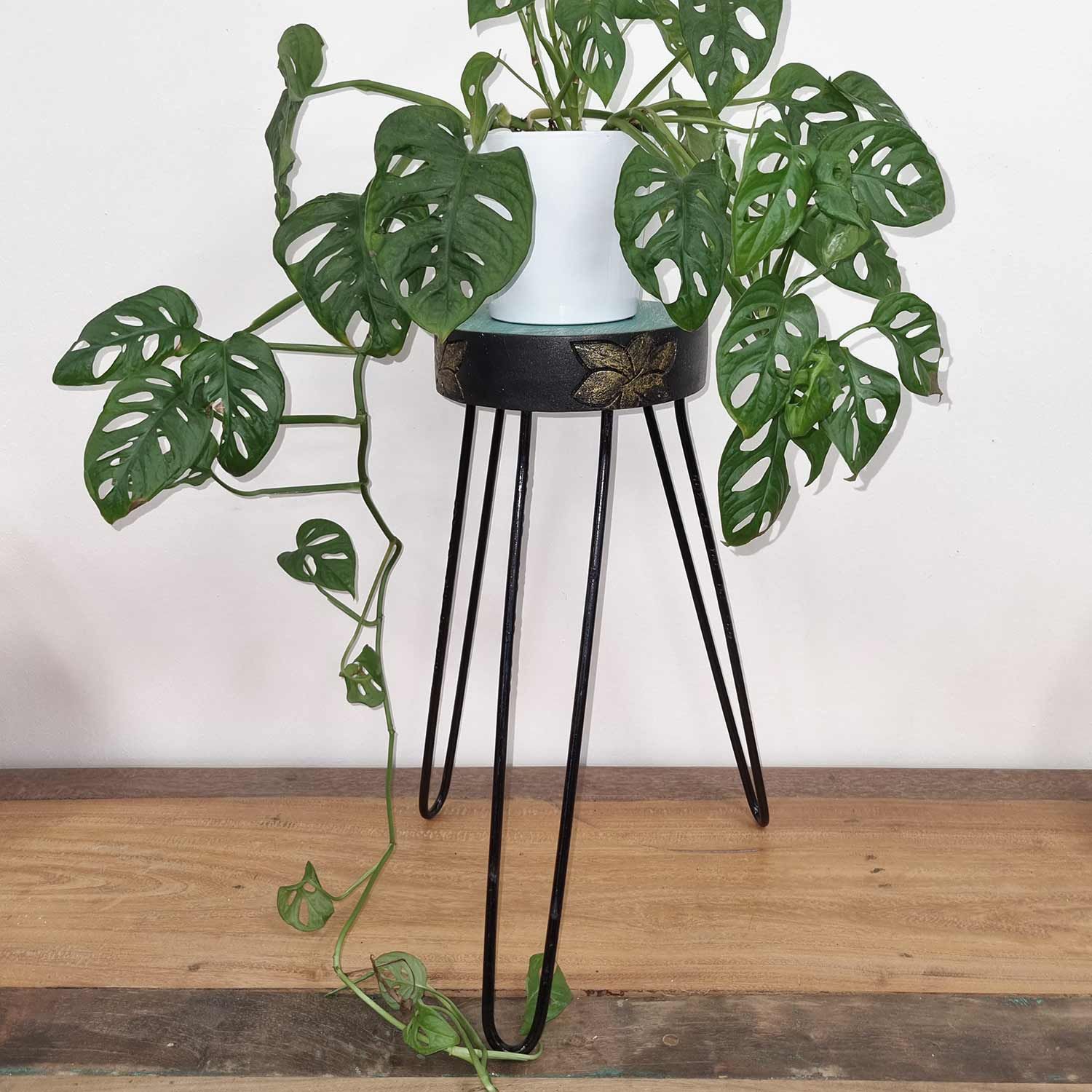 Albasia Wood Plant Stand – Turquoise & gold detail – detail view 4 of wooden plant stand