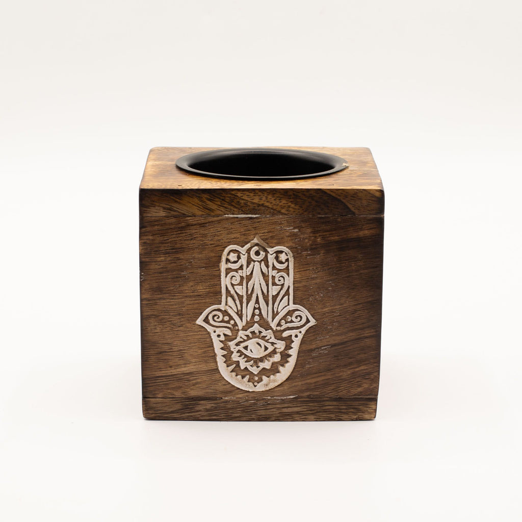 Square Mango Wood Oil Burner with Engraved Hamsa Hand – detail view 2