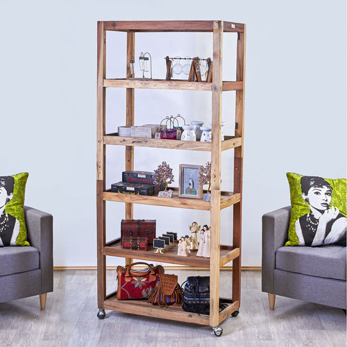 6-Tier Reclaimed Wood Rolling Display Shelf – Industrial Mobile Bookshelf – product view