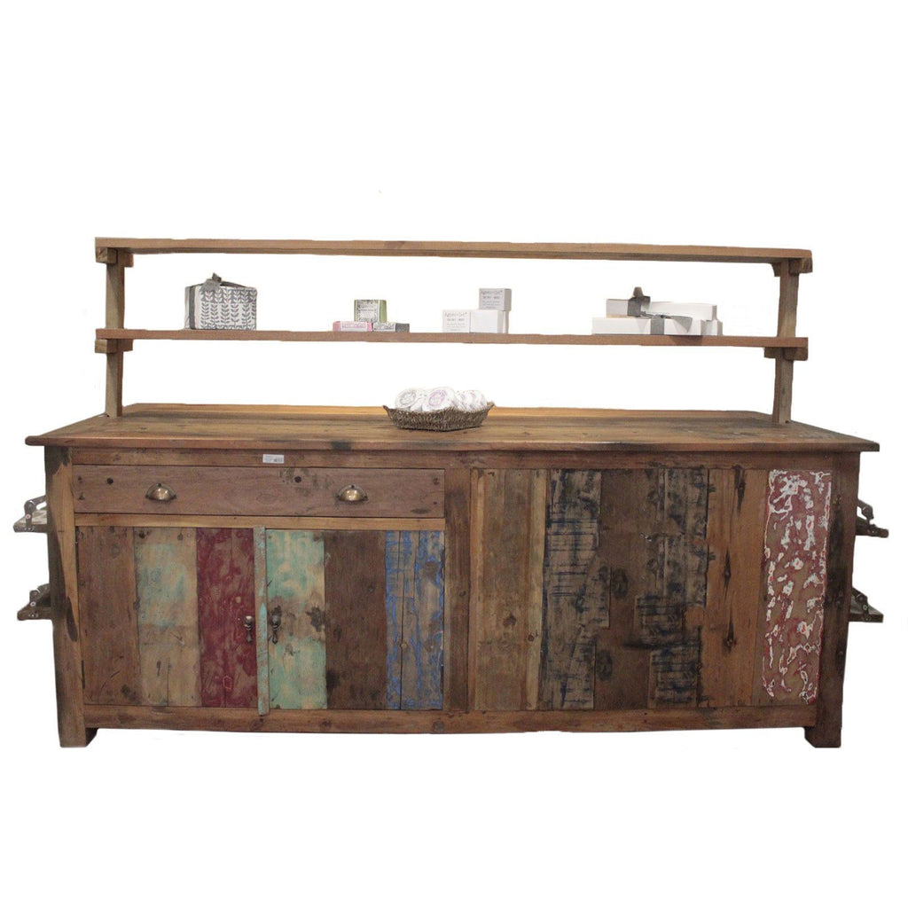 Reclaimed Teak Large Centre Display Table 207x97x80cm – front product view of reclaimed wood display furniture