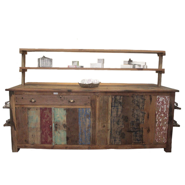 Reclaimed Teak Large Centre Display Table 207x97x80cm – front product view of reclaimed wood display furniture
