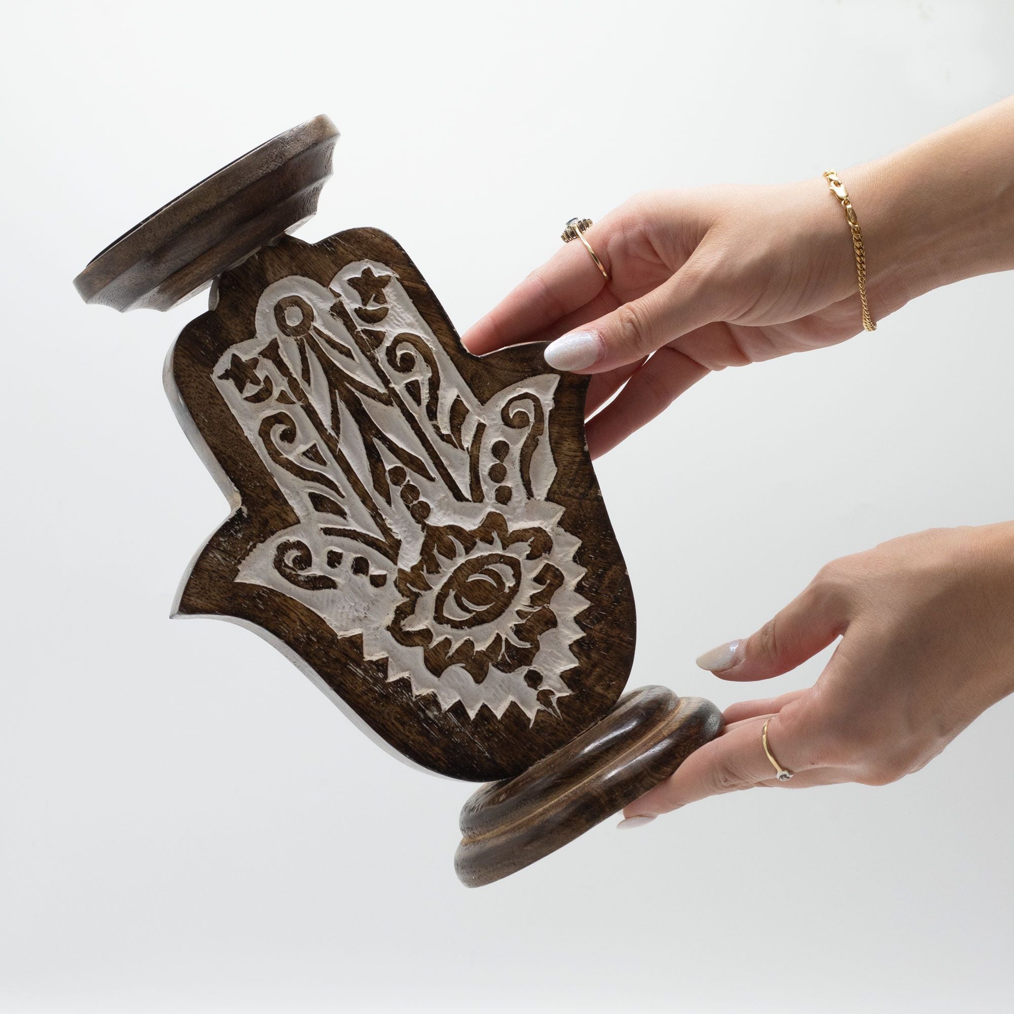 Mango Wood Candle Stand – Hamsa – Large – front product view of mango wood candle holder