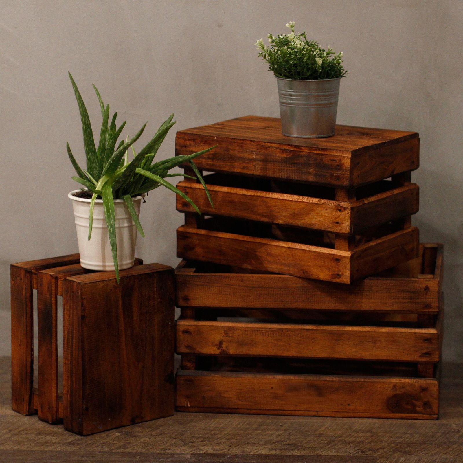 Rustic Wooden Nesting Storage Crates – Brown (Set of 3) – front product view of rustic wooden storage