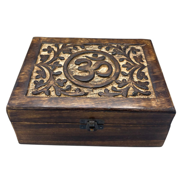 Large Wooden Keepsake Box 20x15x7.5cm – Om – front product view of carved wooden keepsake box