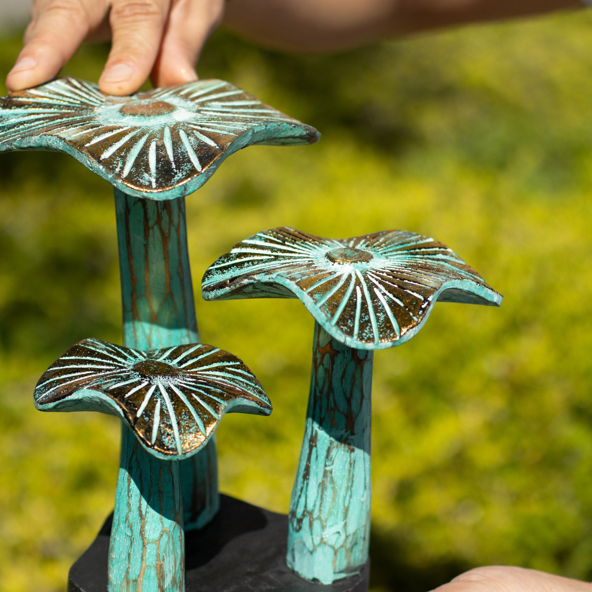 Small Golden Wooden Mushroom Sculpture – 20cm – Greenwashed – detail view 3 of wooden mushroom ornament