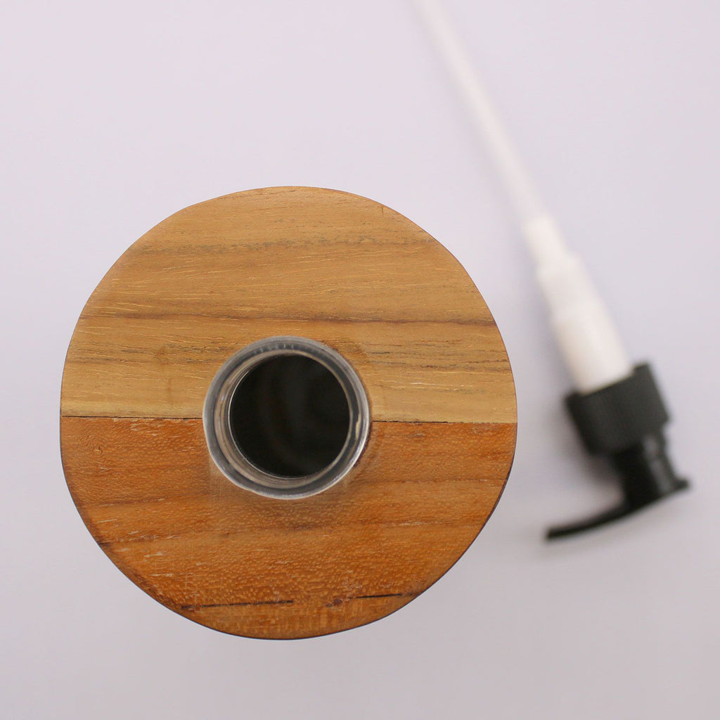 Natural Teak Wood Refillable Soap Dispenser – Round – detail view 5 of teak soap dispenser