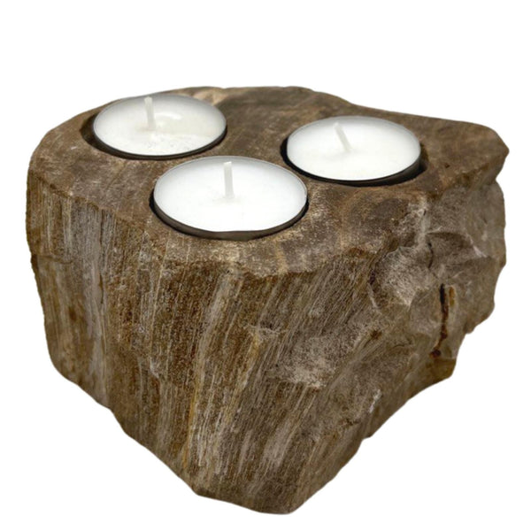 Petrified Wood Candle Holder – Triple – front product view of petrified wood candle holder