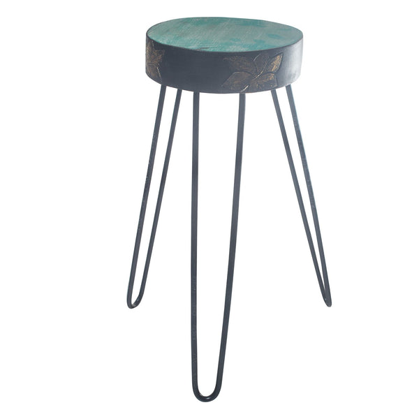 Albasia Wood Plant Stand – Turquoise & gold detail – front product view of wooden plant stand