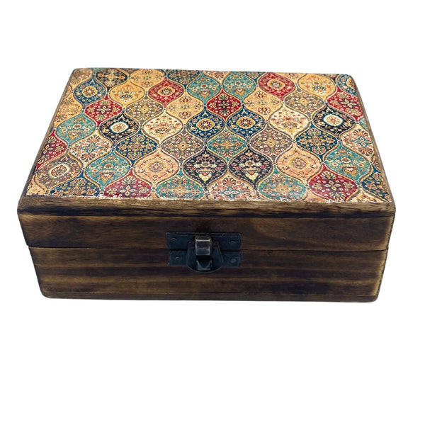 Medium Ceramic-Glazed Wooden Keepsake Box – 15x10x6cm – Traditional Pattern – front product view of ceramic glazed wooden box