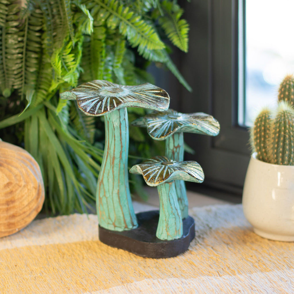 Small Golden Wooden Mushroom Sculpture – 20cm – Greenwashed – detail view 4 of wooden mushroom ornament