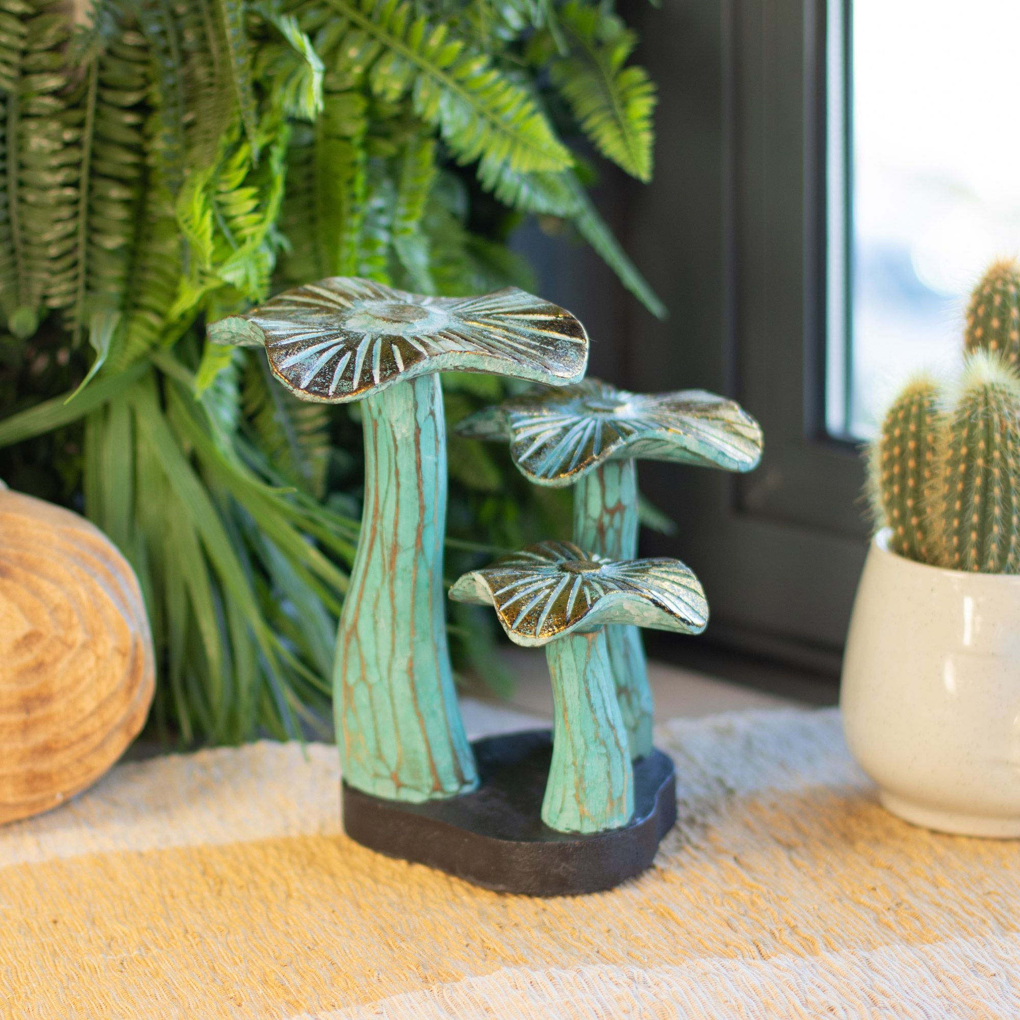 Small Golden Wooden Mushroom Sculpture – 20cm – Greenwashed – detail view 4 of wooden mushroom ornament