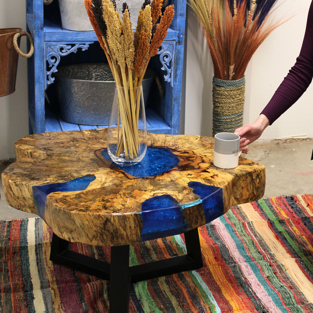 Live-Edge Tamarind Wood & Sky Blue Resin Coffee Table – front product view of tamarind wood coffee table