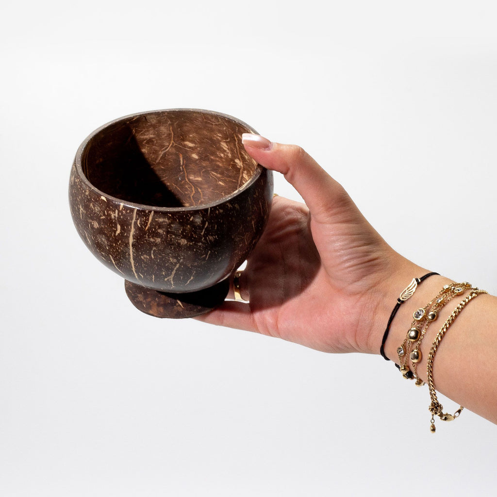 Small Polished Coconut Craft Bowl with Wooden Stand – detail view 5 of coconut craft bowl