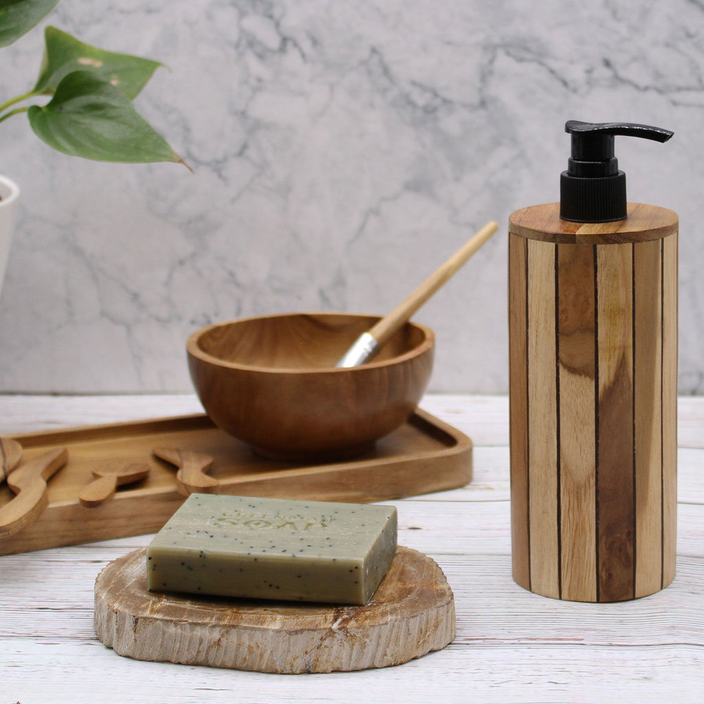 Natural Teak Wood Refillable Soap Dispenser – Round – detail view 4 of teak soap dispenser