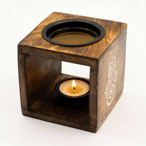 Square Mango Wood Oil Burner with Engraved Hamsa Hand – product view