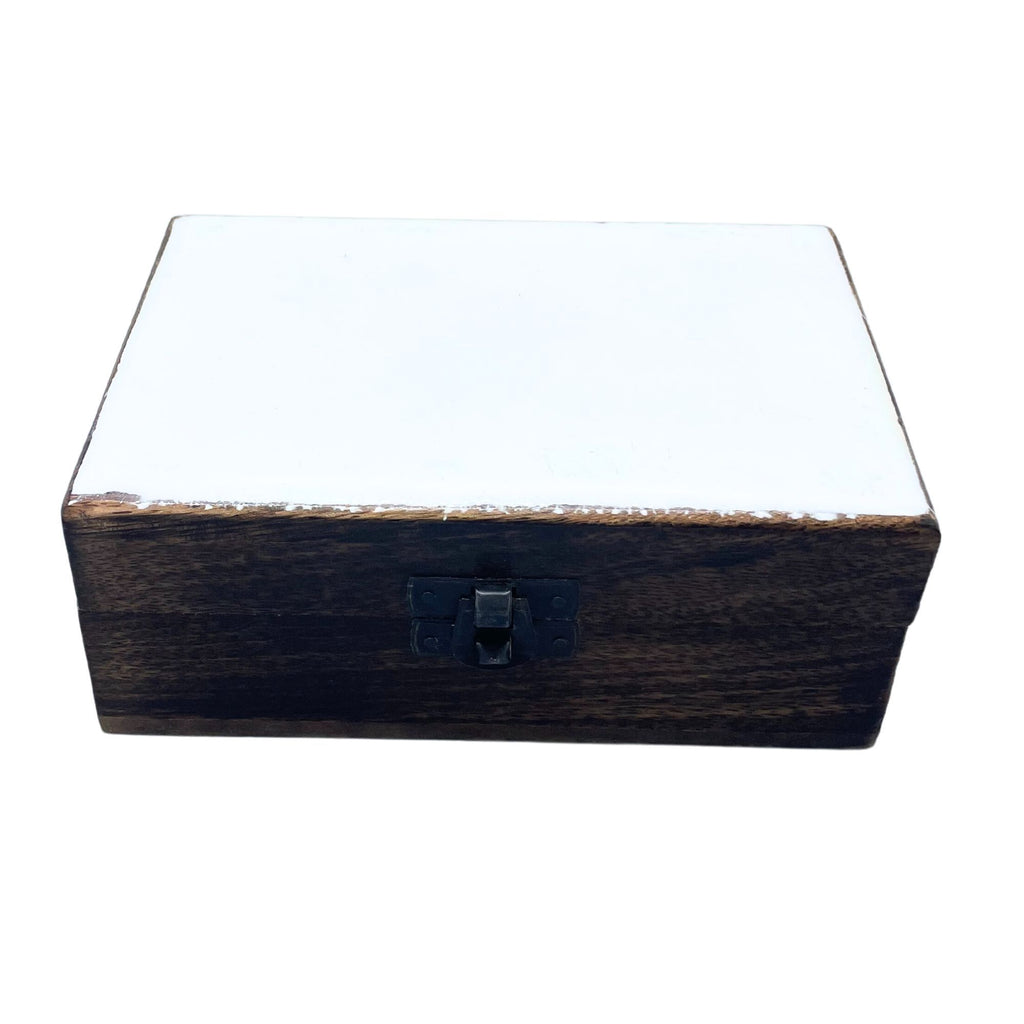 Medium Ceramic-Glazed Wooden Keepsake Box – 15x10x6cm – White – front product view of ceramic glazed wooden box