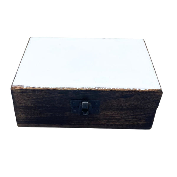 Medium Ceramic-Glazed Wooden Keepsake Box – 15x10x6cm – White – front product view of ceramic glazed wooden box