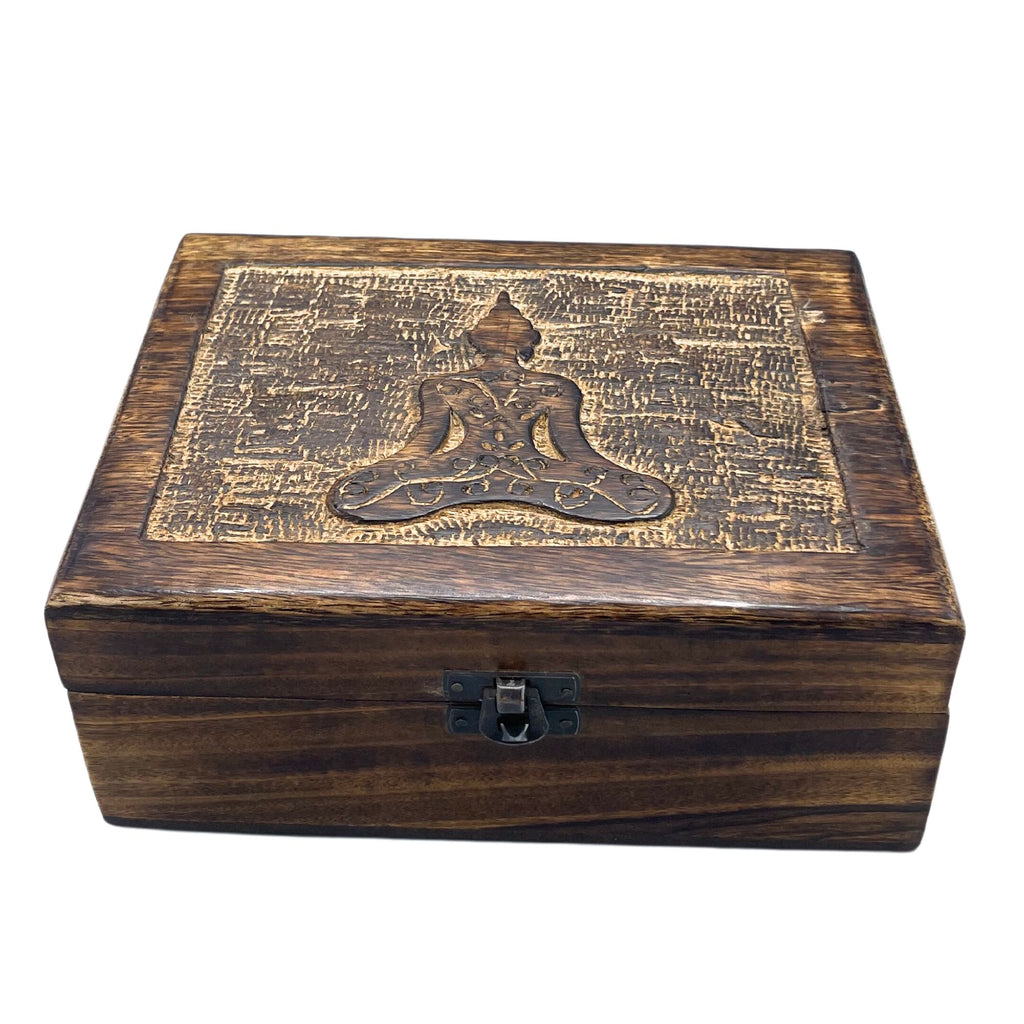 Large Wooden Keepsake Box 20x15x7.5cm – Buddha – detail view 3 of carved wooden keepsake box