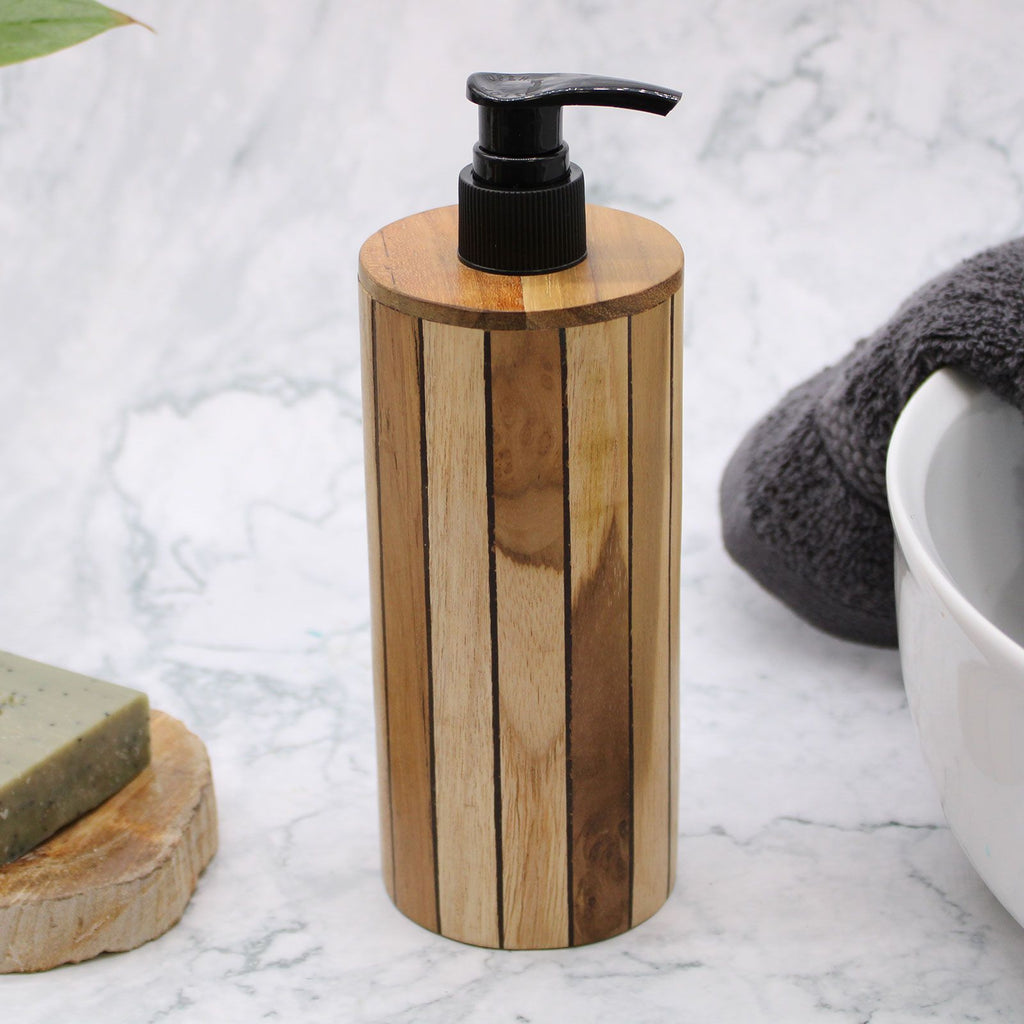 Natural Teak Wood Refillable Soap Dispenser – Round – detail view 3 of teak soap dispenser