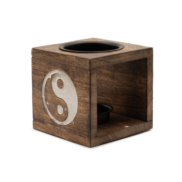 Square Mango Wood Oil Burner with Engraved Yin Yang – product view