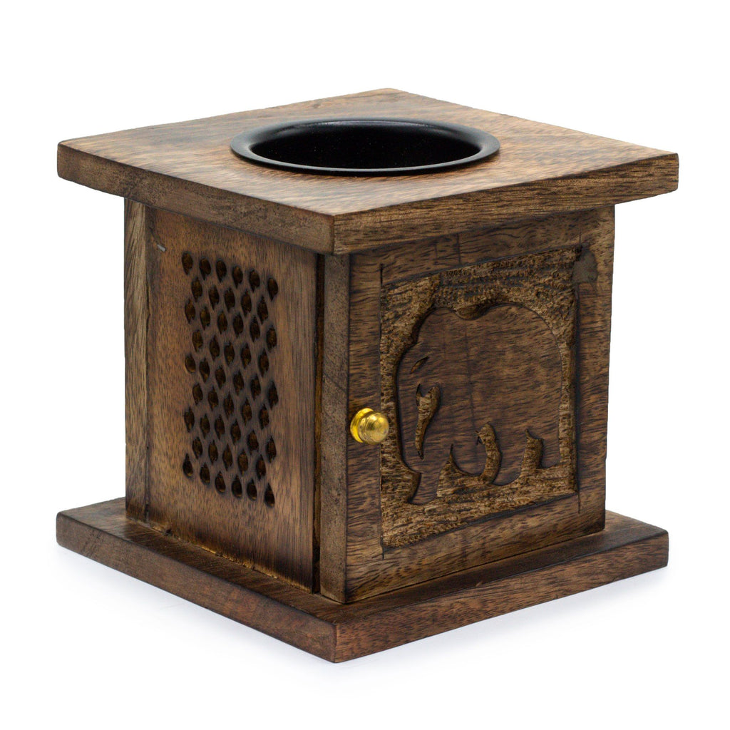 Large Elephant Mango Wood Box Burner – Handcrafted Wax & Essential Oil – detail view 4 in wood and  metal