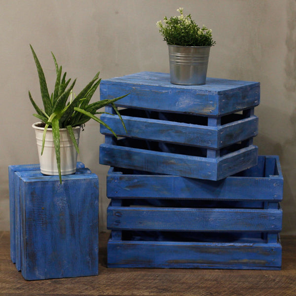 Rustic Wooden Nesting Storage Crates – Bluewashed (Set of 3) – front product view of rustic wooden storage