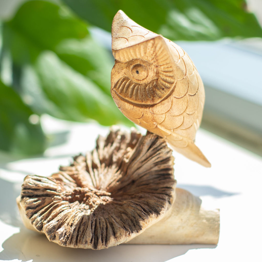 Hand-Carved Parasite Wood Owl Sculpture – detail view 3
