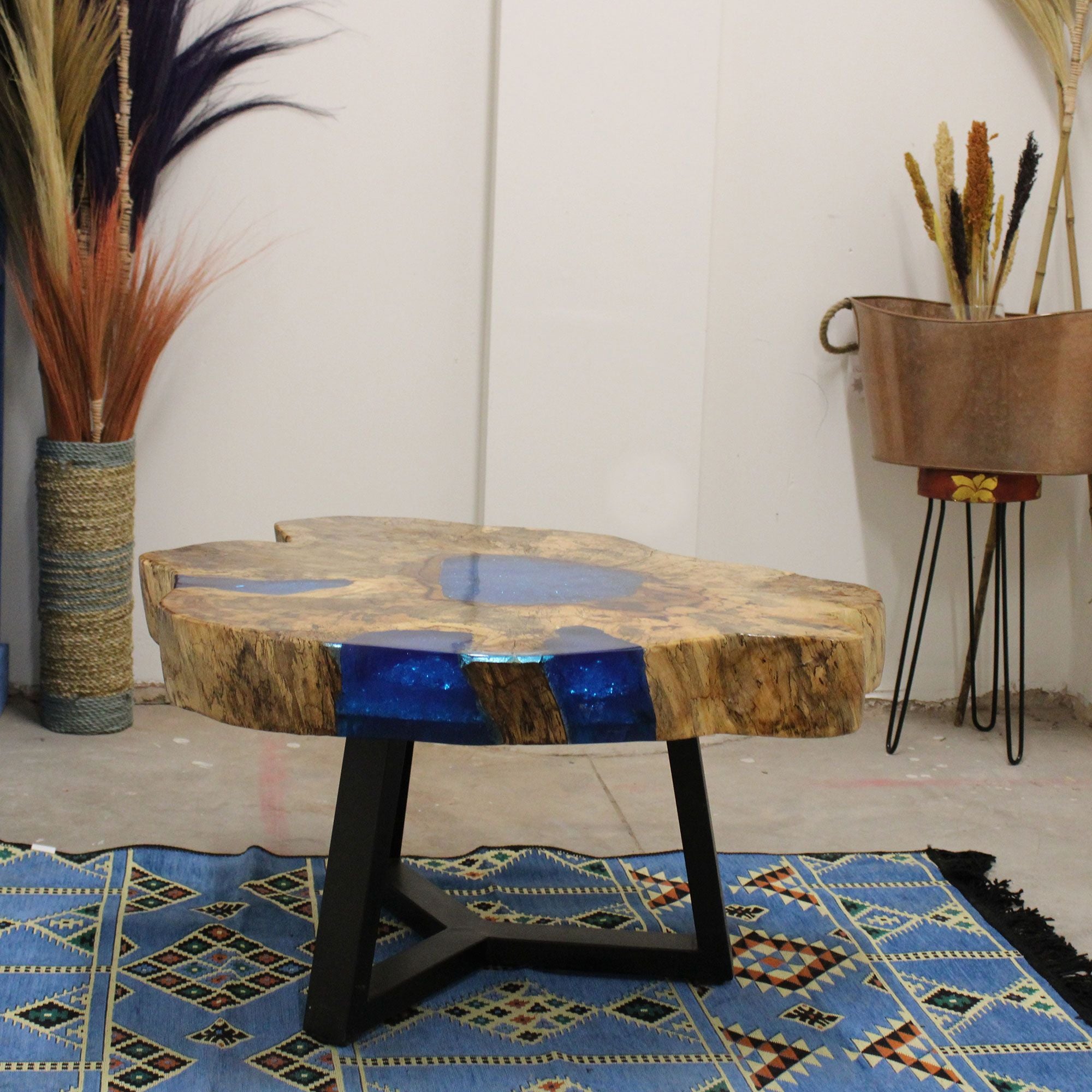 Live-Edge Tamarind Wood & Sky Blue Resin Coffee Table – detail view 10 of tamarind wood coffee table