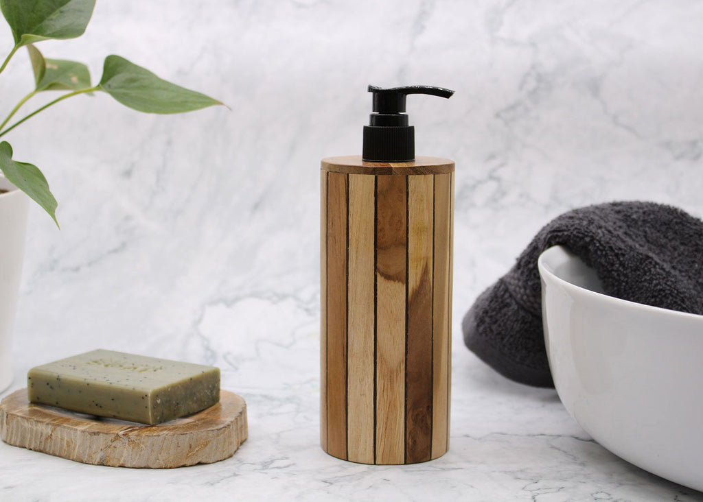 Natural Teak Wood Refillable Soap Dispenser – Round – detail view 2 of teak soap dispenser