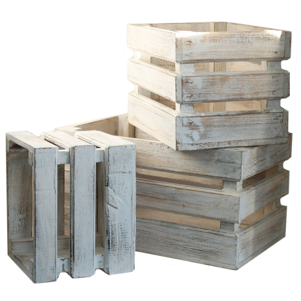 Rustic Wooden Nesting Storage Crates – Whitewashed (Set of 3) – front product view of rustic wooden storage