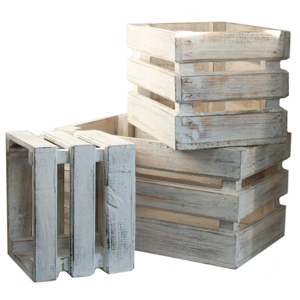 Rustic Wooden Nesting Storage Crates – Whitewashed (Set of 3) – front product view of rustic wooden storage