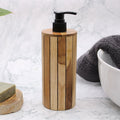 Natural Teak Wood Refillable Soap Dispenser – Round – front product view of teak soap dispenser