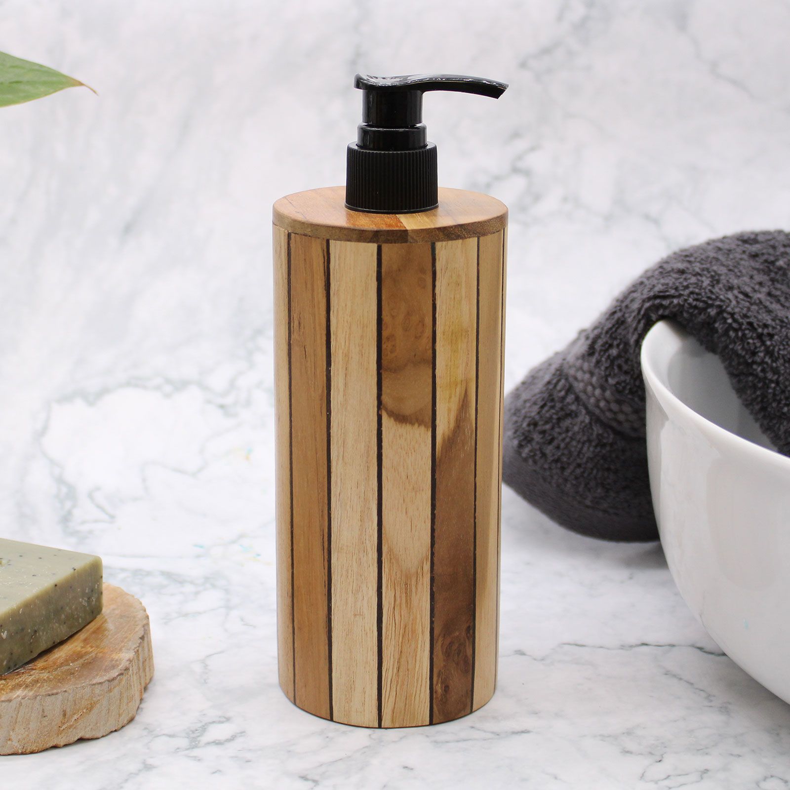 Natural Teak Wood Refillable Soap Dispenser – Round – front product view of teak soap dispenser