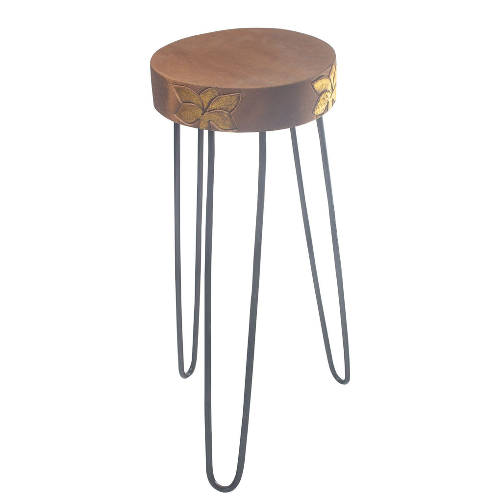 Albasia Wood Plant Stand – Natural & gold detail – front product view of wooden plant stand