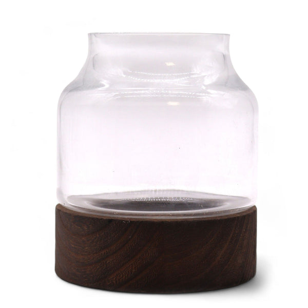 Glass Small Shaped Terrarium on Dark Tungwood – front product view of glass terrarium