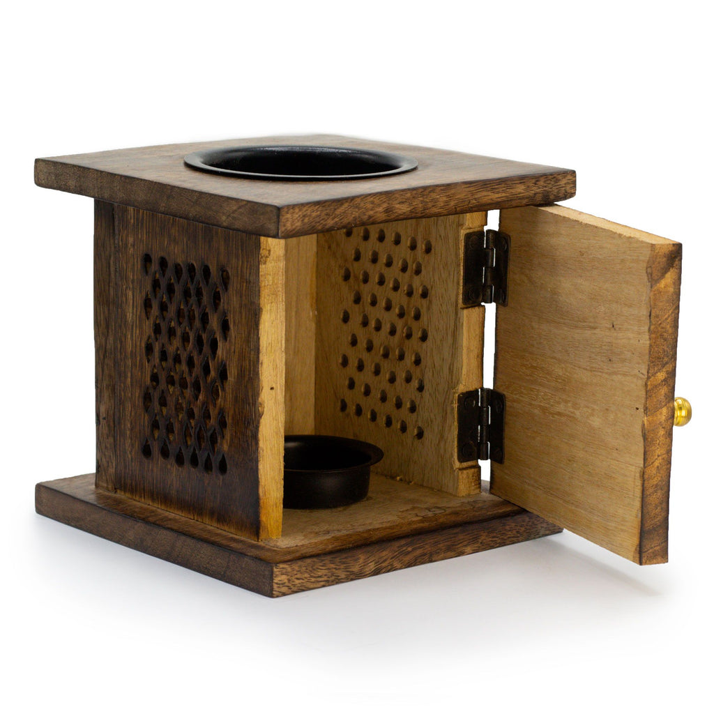 Large Elephant Mango Wood Box Burner – Handcrafted Wax & Essential Oil – detail view 3 in wood and  metal
